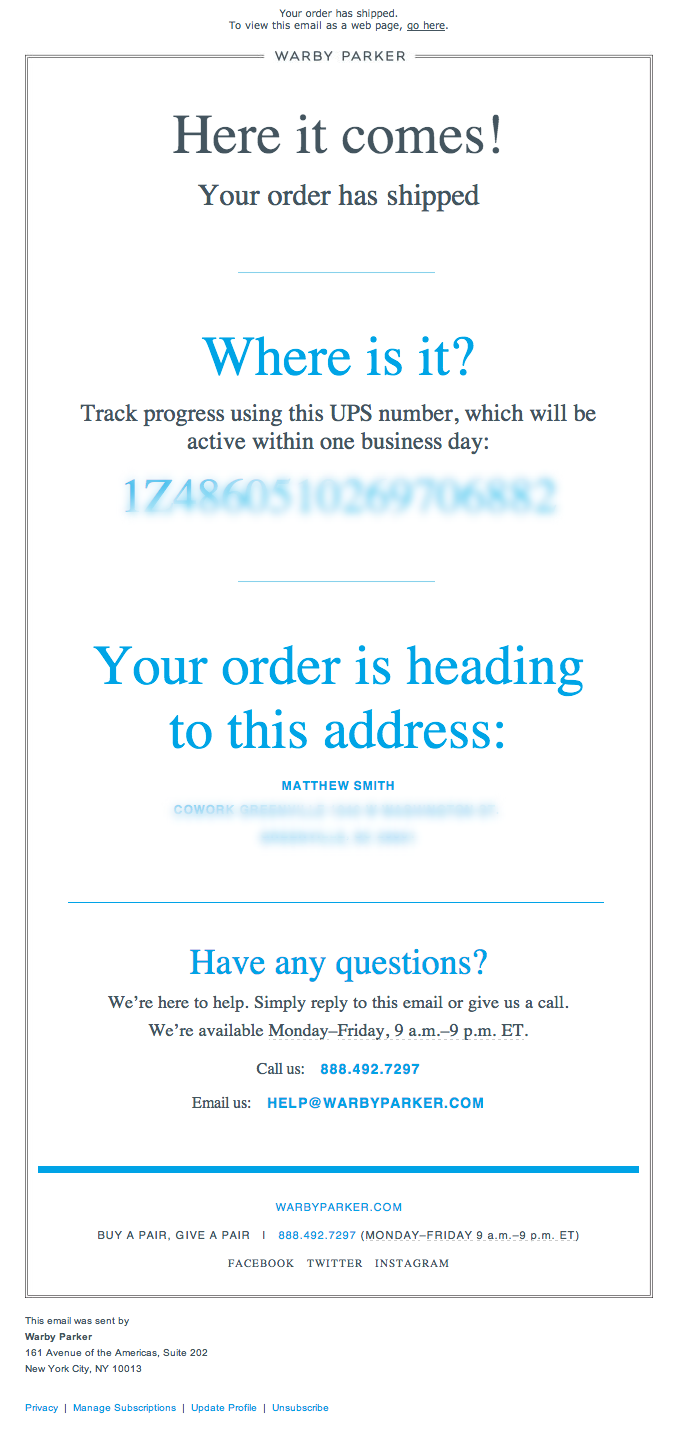 Order Shipped Email Design from Warby Parker