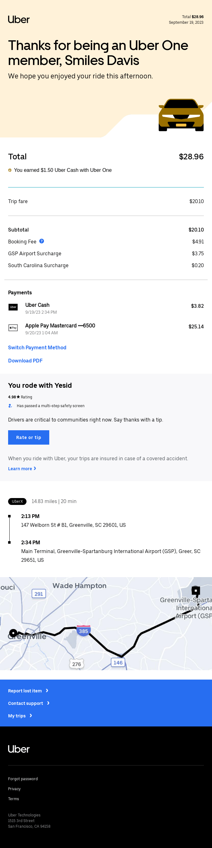 [Personal] Your Tuesday afternoon trip with Uber