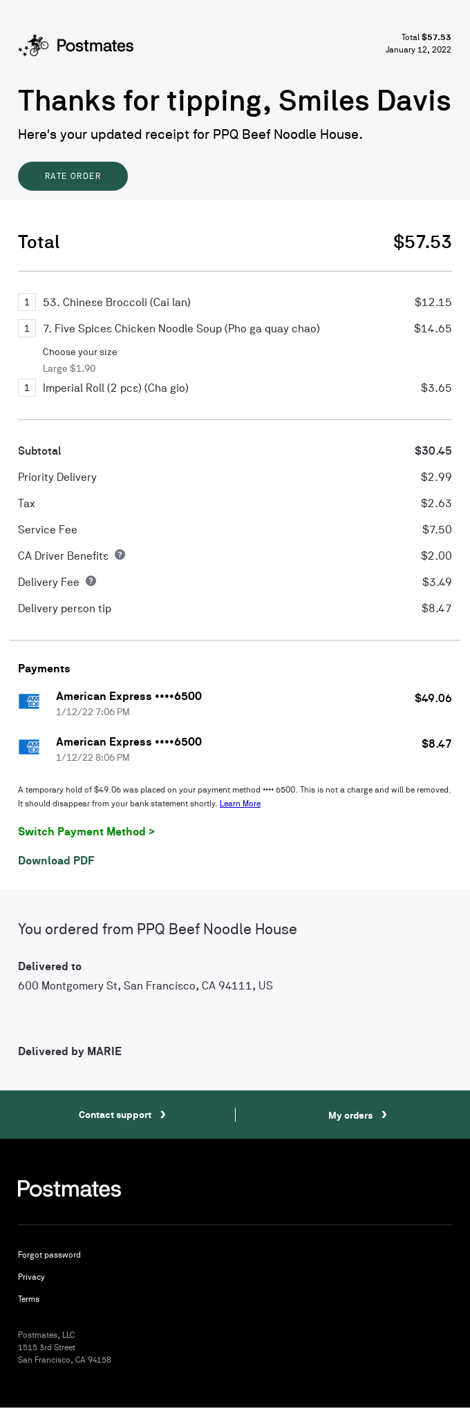 [Personal] Your Wednesday evening order with Postmates