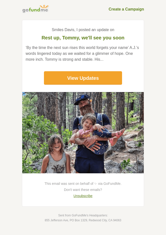 posted an update on "Rest up, Tommy, we'll see you soon"