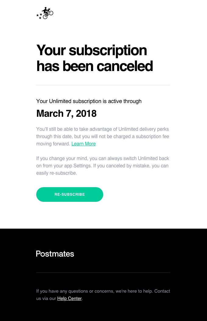 Postmates Unlimited Subscription Canceled