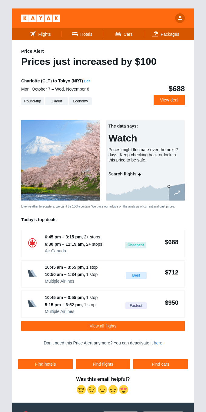 Price Increase: Airfare from CLT to NRT up $100.