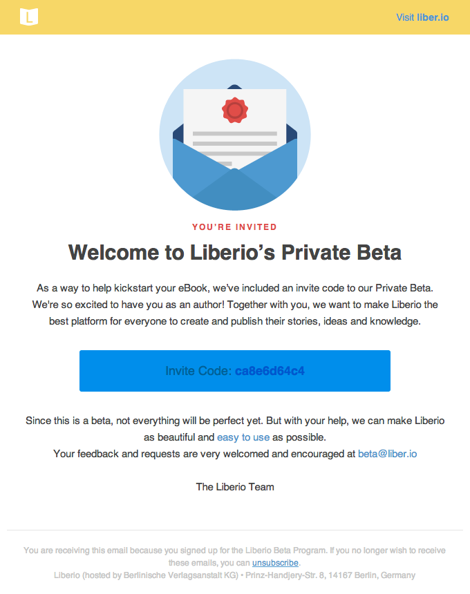 Private Beta Welcome Email Design from Liberio