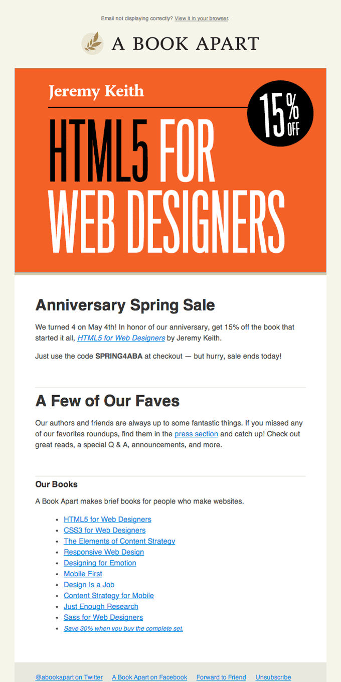 Product Sale Email Design from A Book Apart
