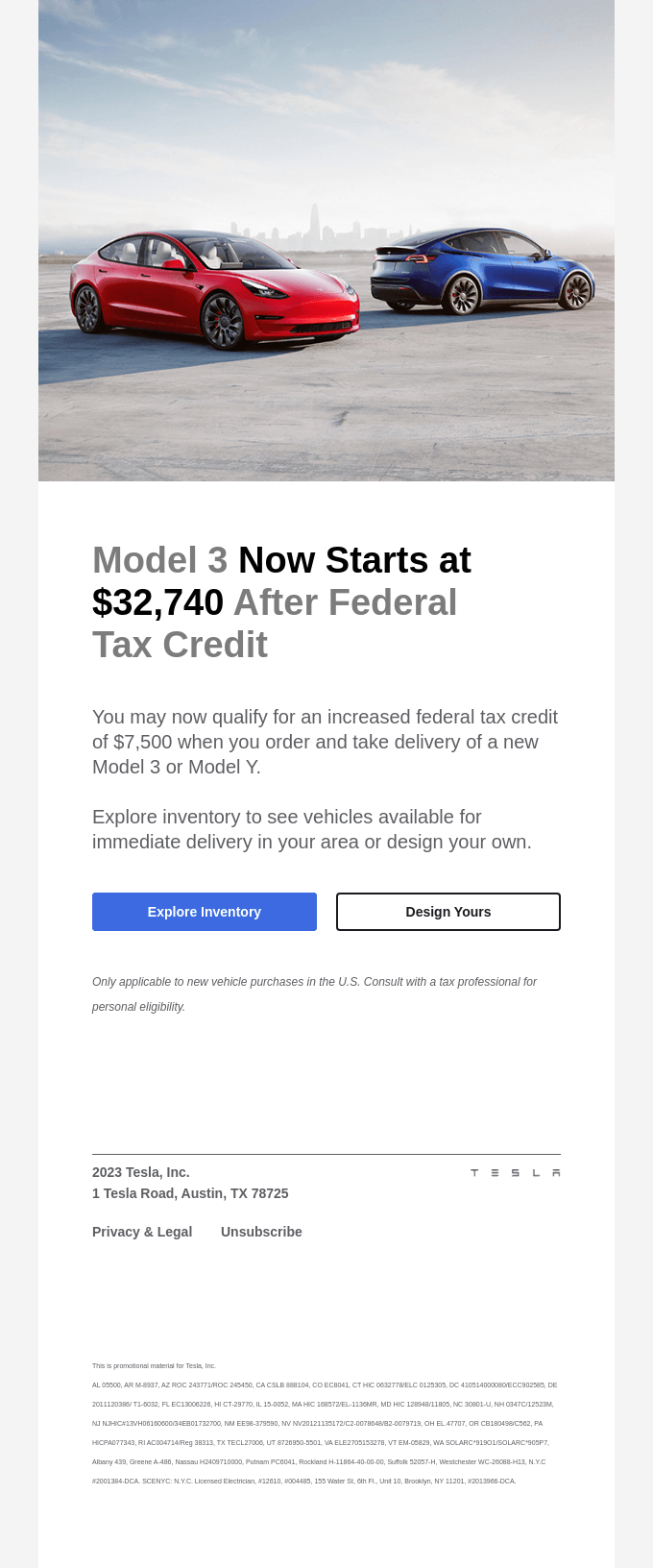 Purchase Any New Model 3 or Model Y, Get a $7,500 Tax Credit