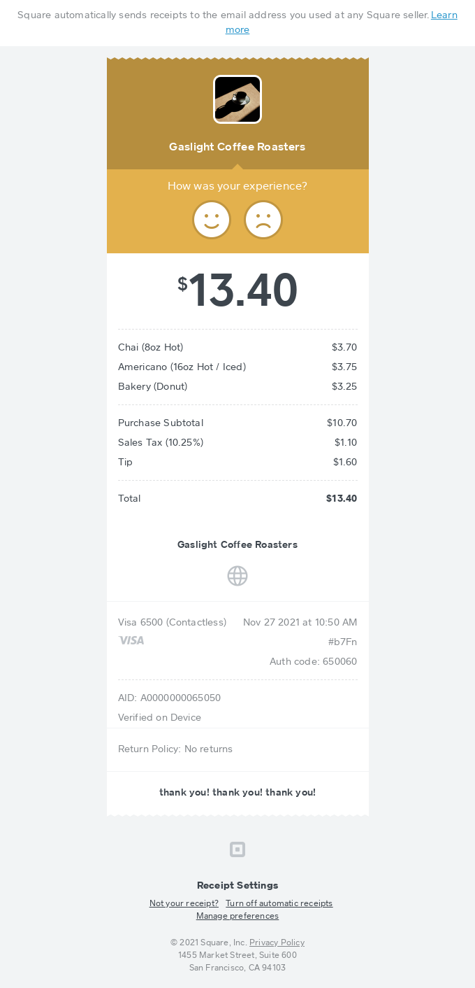 Receipt from Gaslight Coffee Roasters