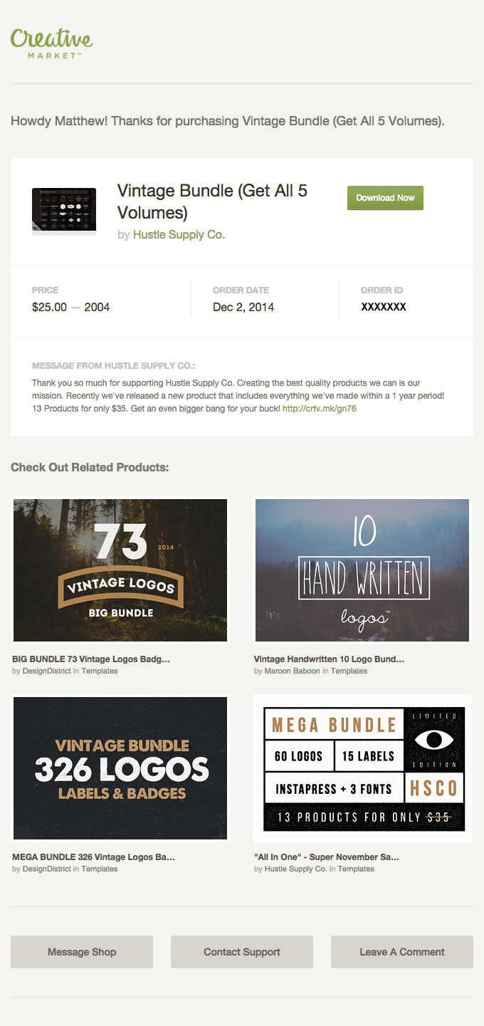 Receipt for “Vintage Bundle(Get All 5 Volumes)” by Hustle Supply Co. on Creative Market