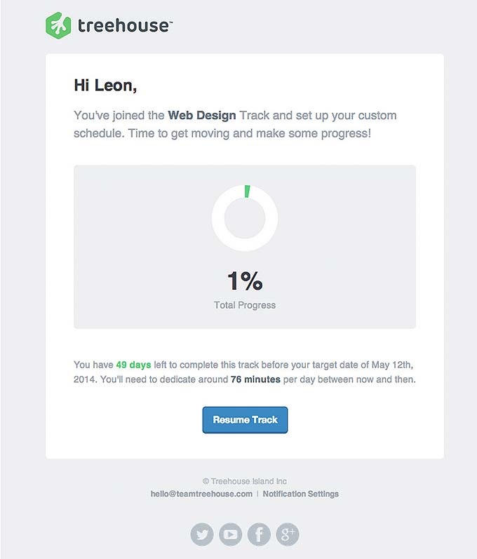 Retention Progress Email Design from Treehouse
