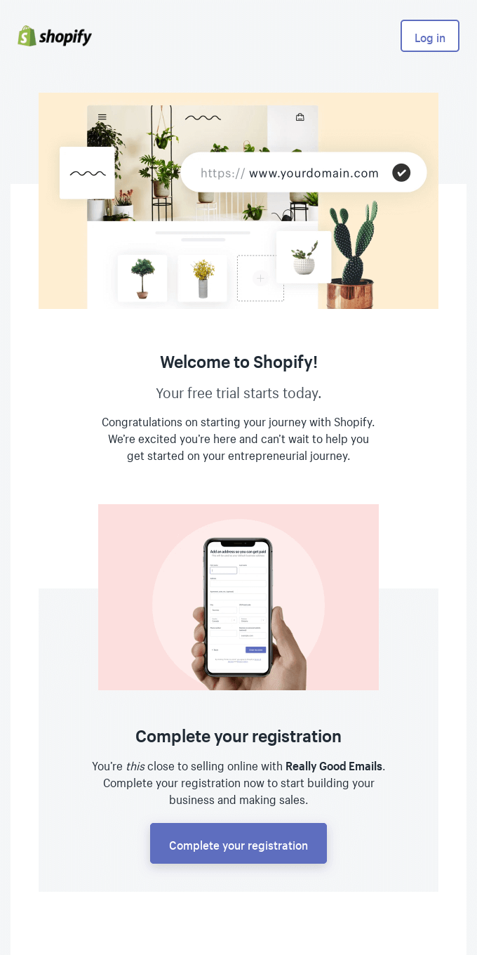 Welcome email design from Shopify