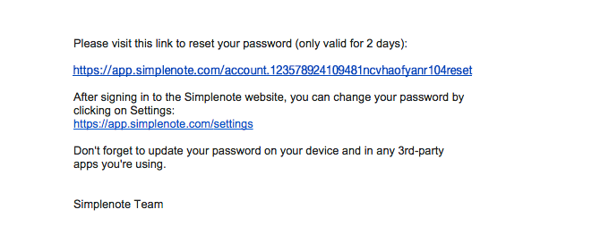 SimpleNote Password Reset