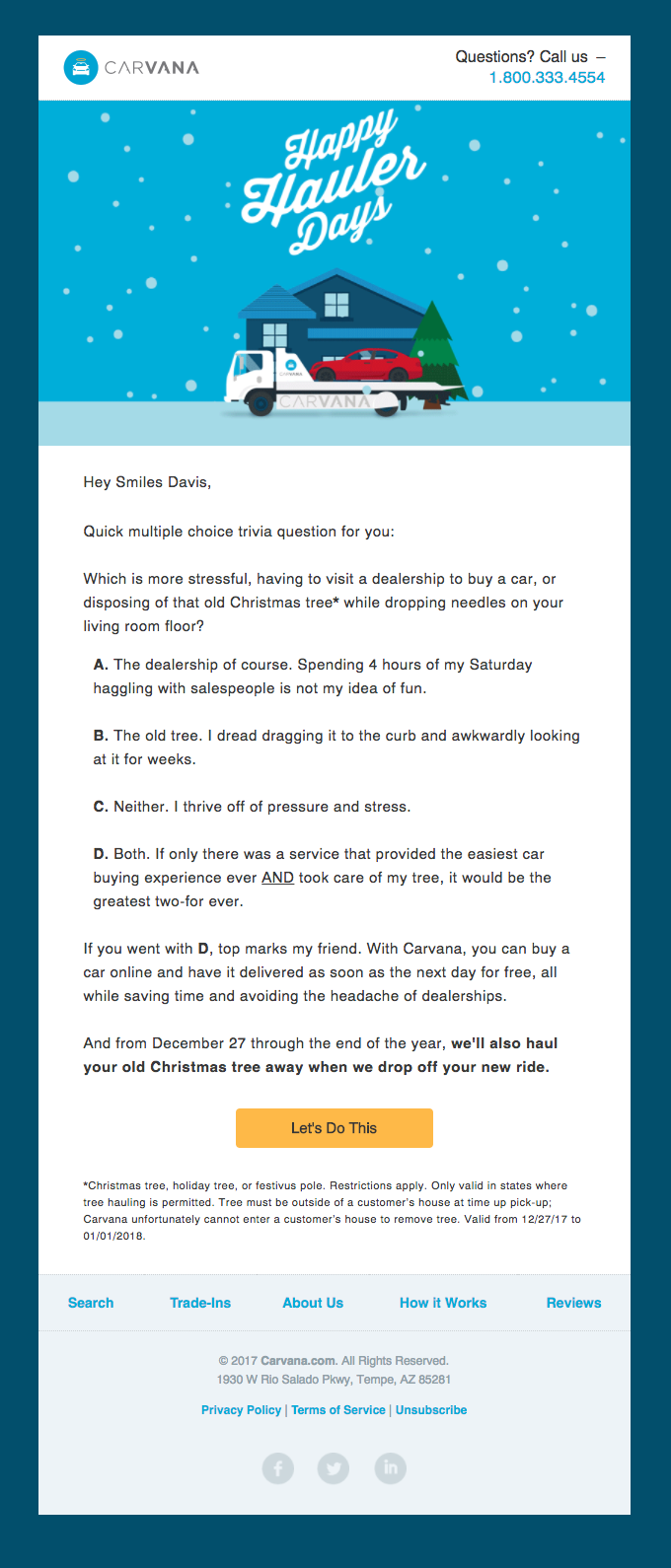 Skip the Car Dealership this Holiday from Carvana Desktop Email View