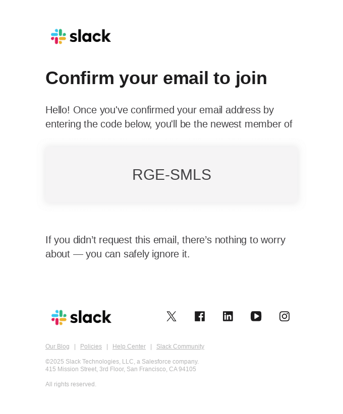 Slack confirmation code: RGE-SMLS