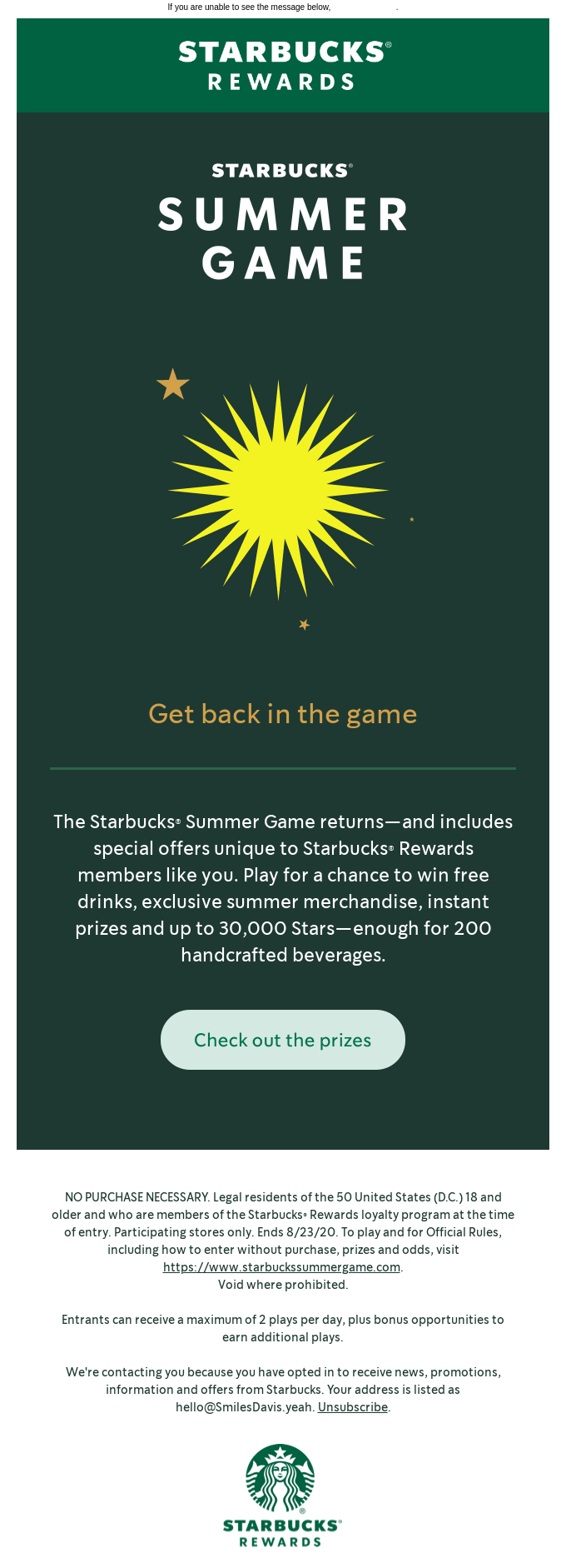 Starbucks® Summer Game is back from Starbucks Desktop Email View