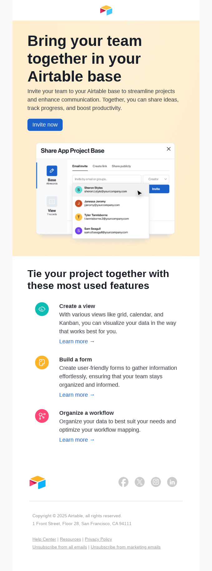 Start organizing your app with your team from Airtable - Desktop Email View  | Really Good Emails