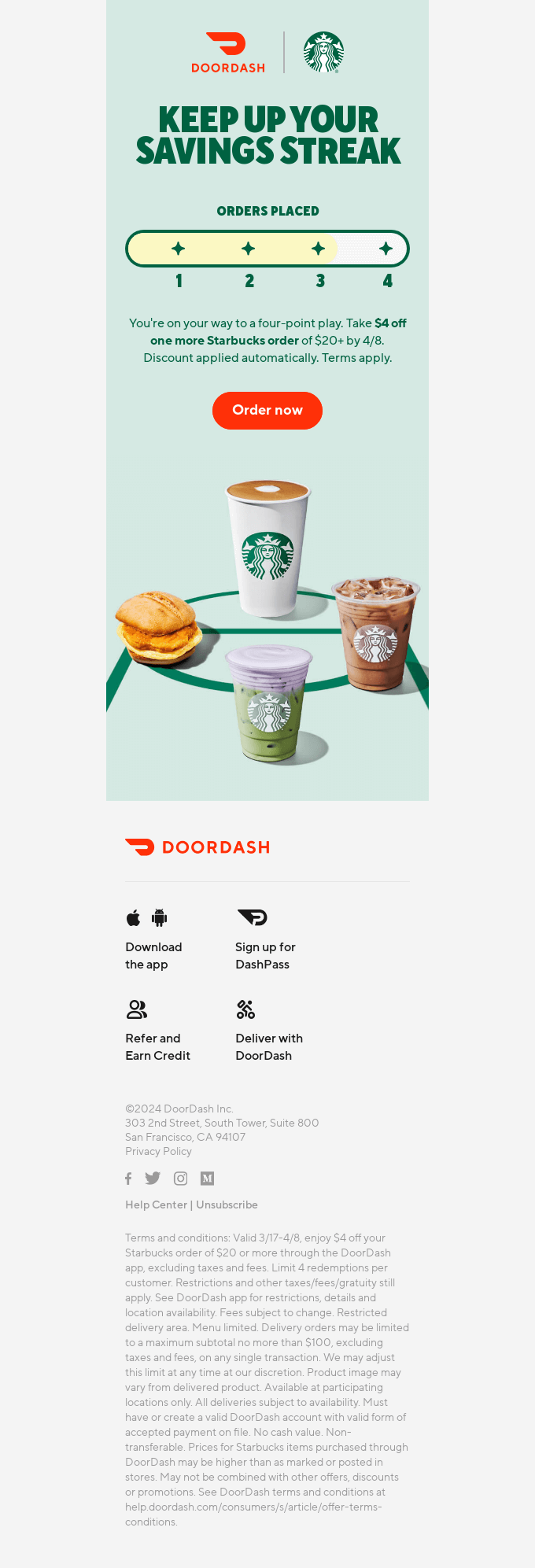 Take $4 off 1 more Starbucks order.