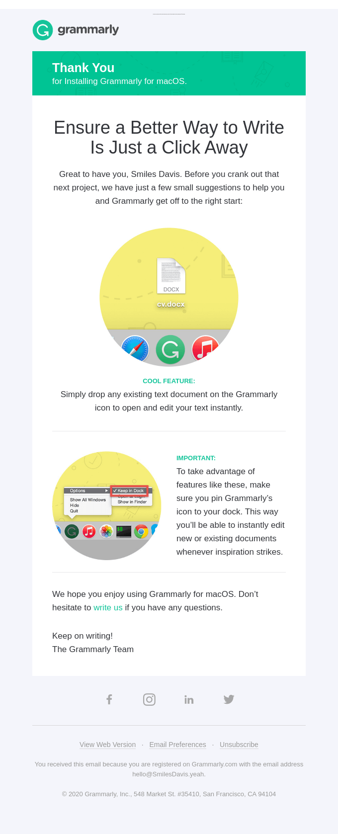 Thank you for installing Grammarly's Native App!