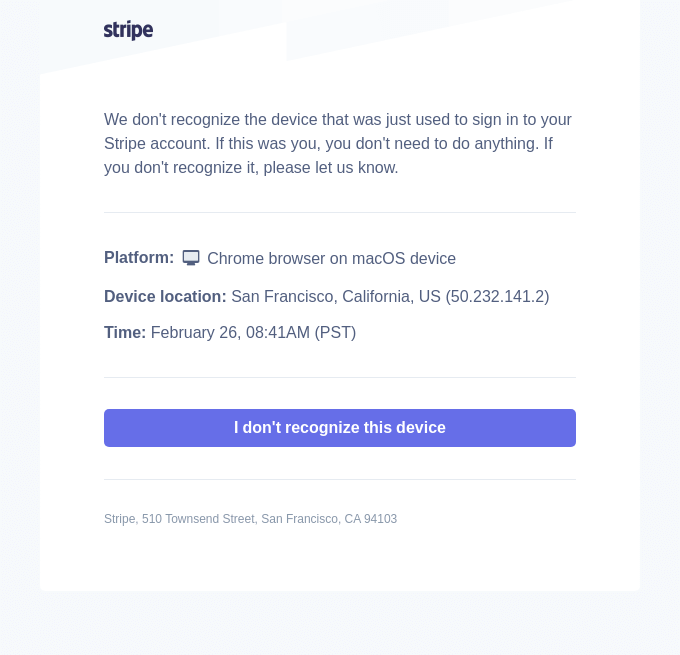 Unrecognized device signed in to your Stripe account