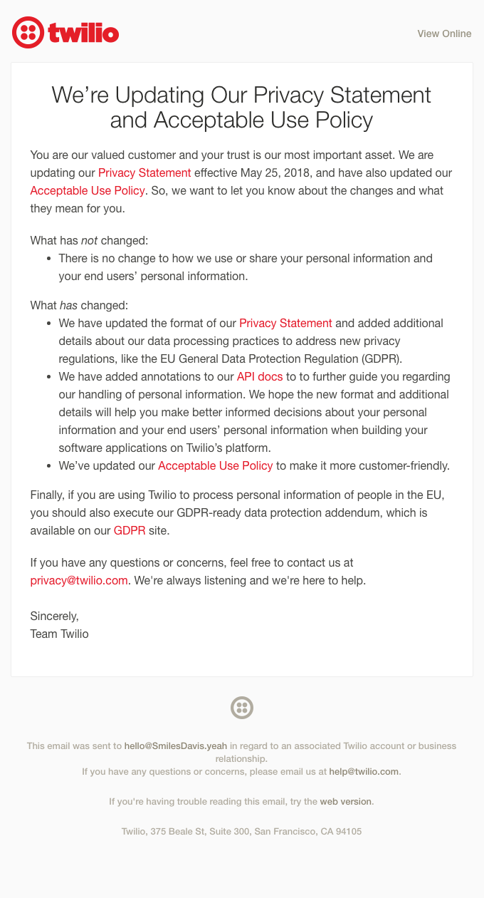 Updated Twilio Privacy Statement and Acceptable Use Policy