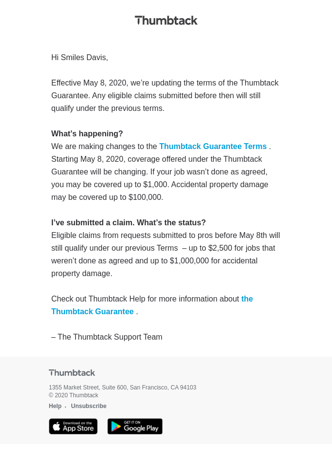Updates to the Thumbtack Guarantee