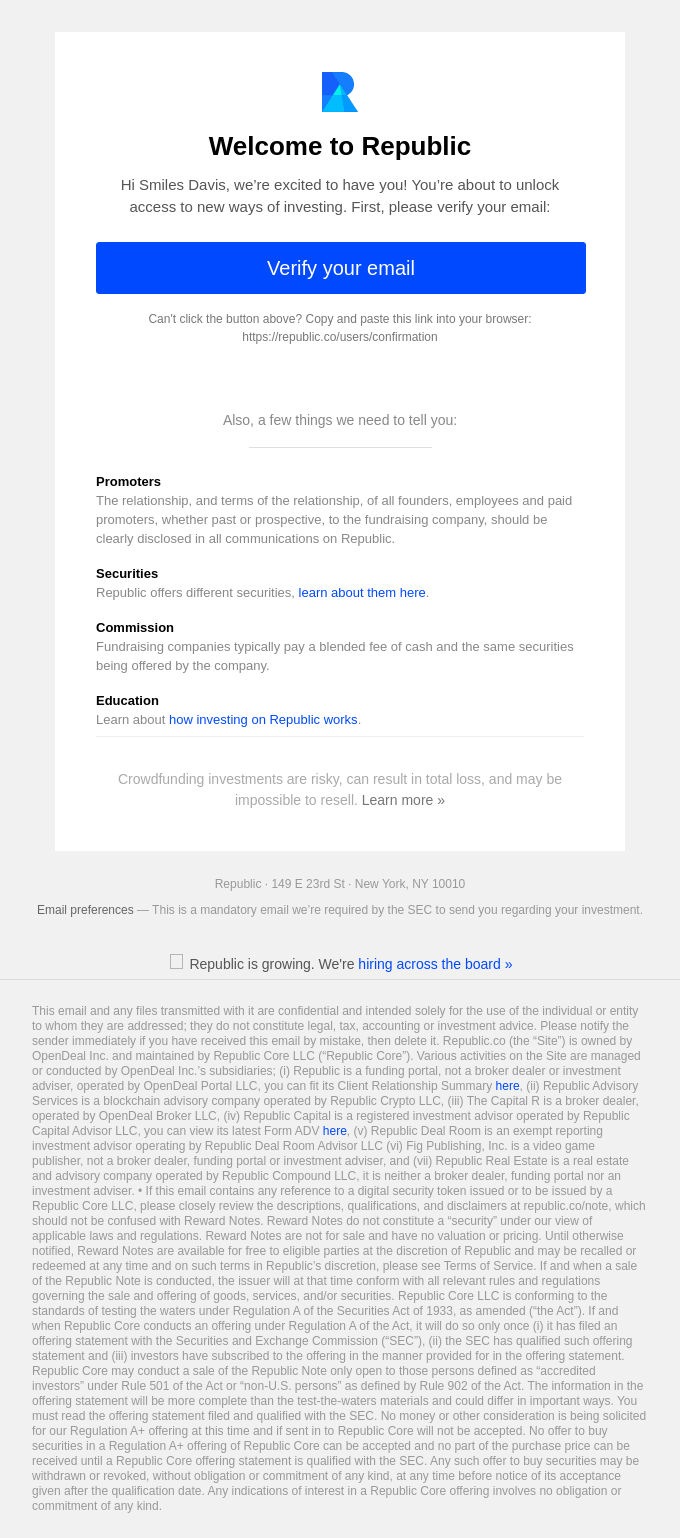 Verify your email to start using Republic