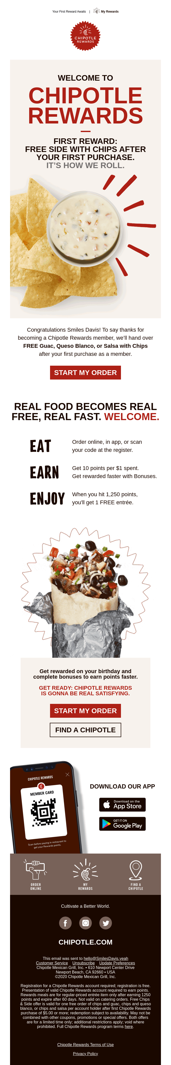 to Chipotle Rewards 👋 from Chipotle Desktop Email View