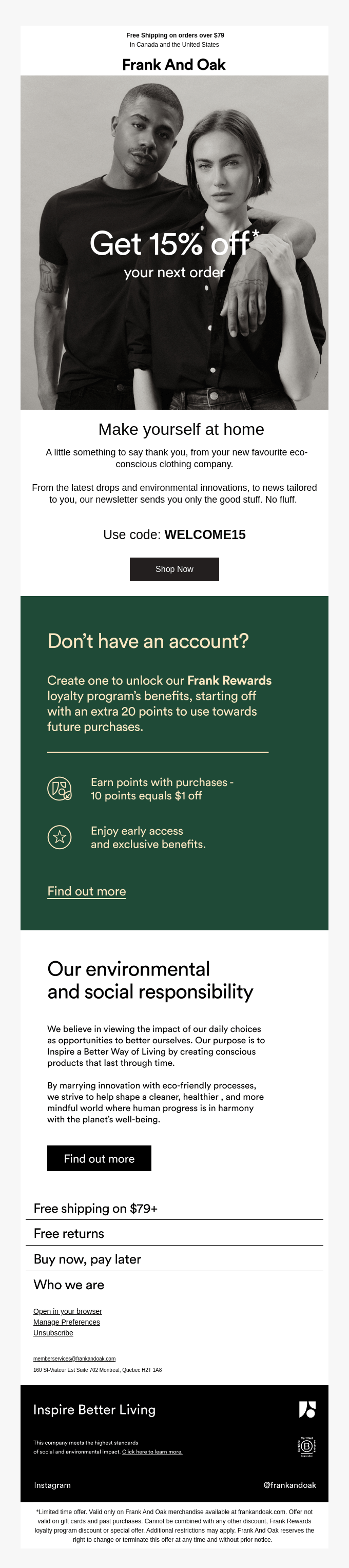 Welcome to Frank And Oak. Heres your 15% discount from Frank & Oak -  Desktop Email View | Really Good Emails