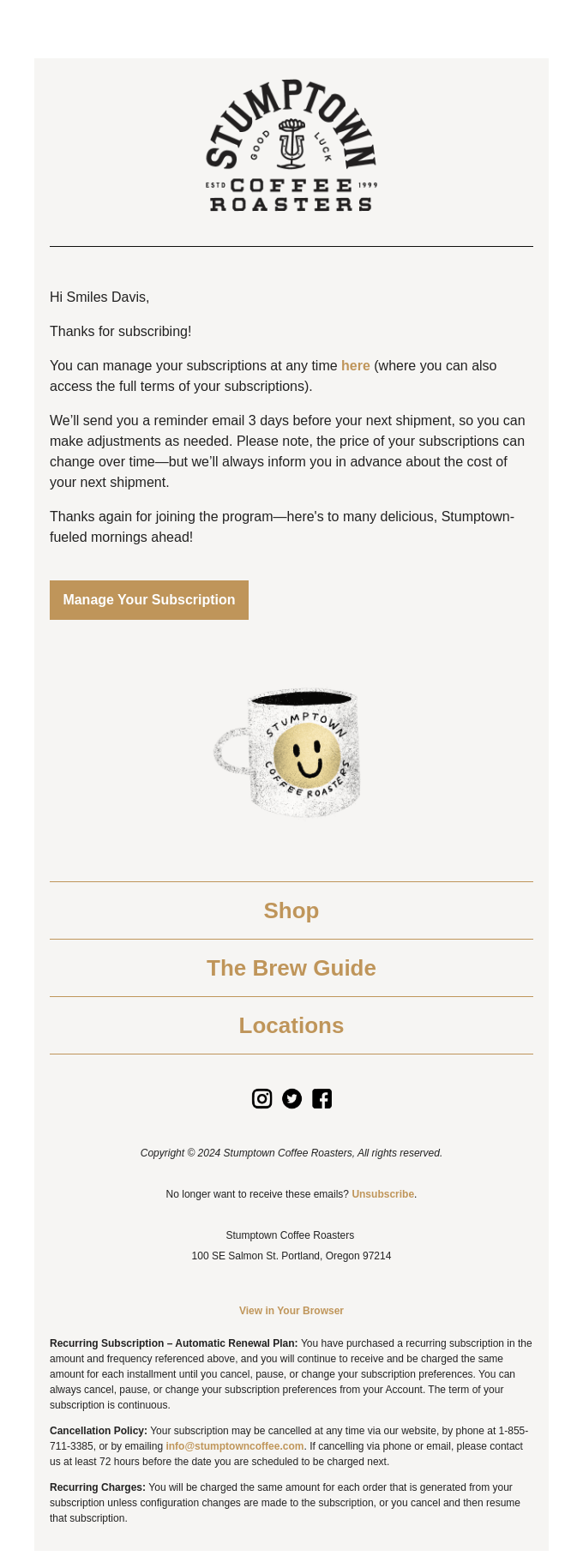 Welcome to your Stumptown subscription