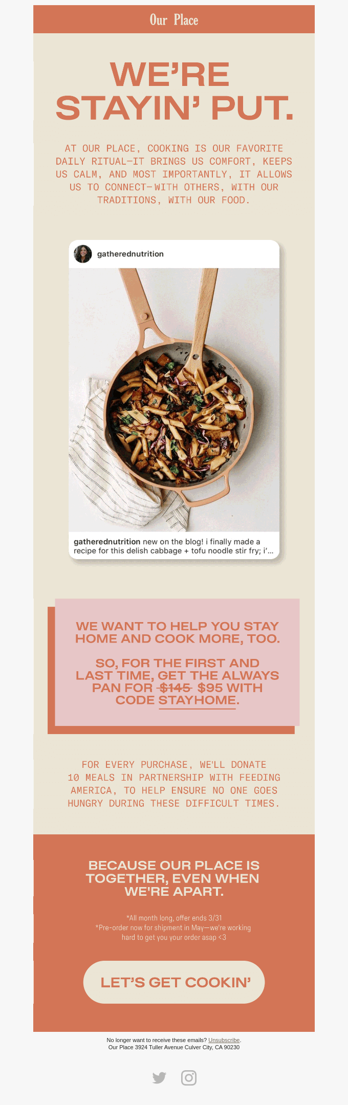 We're staying in and cooking at home.