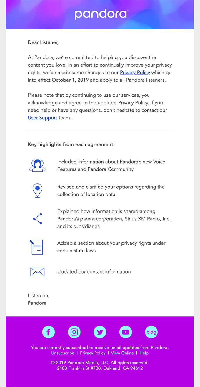 We're updating Pandora's Privacy Policy