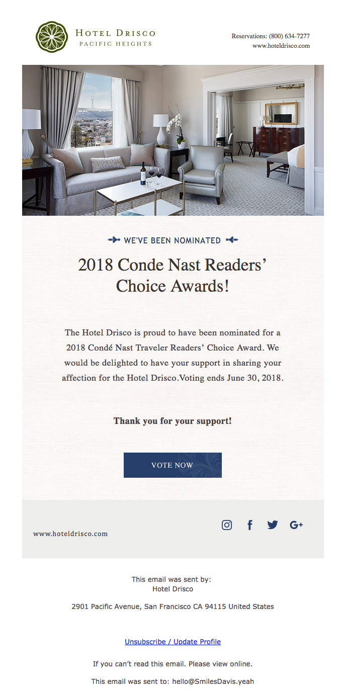 We’ve Been Nominated – 2018 Condé Nast Traveler’s Readers’ Choice Awards