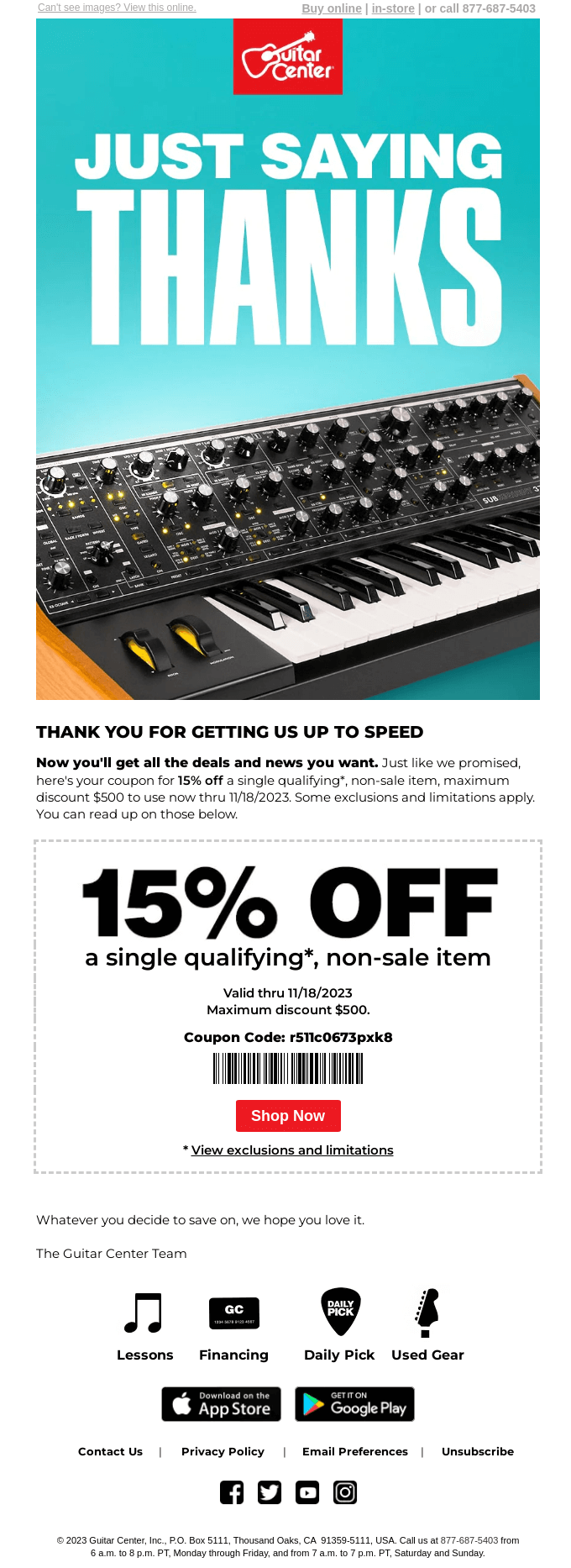 Your 15% off, as promised