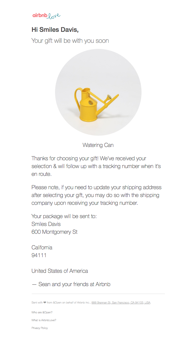 Your Airbnb gift confirmation from Airbnb - Desktop Email View