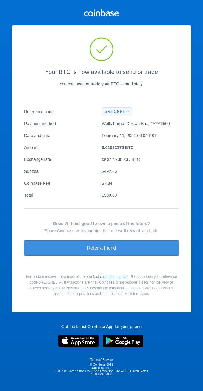Your BTC purchase is now available to send or trade ($500.00 USD)