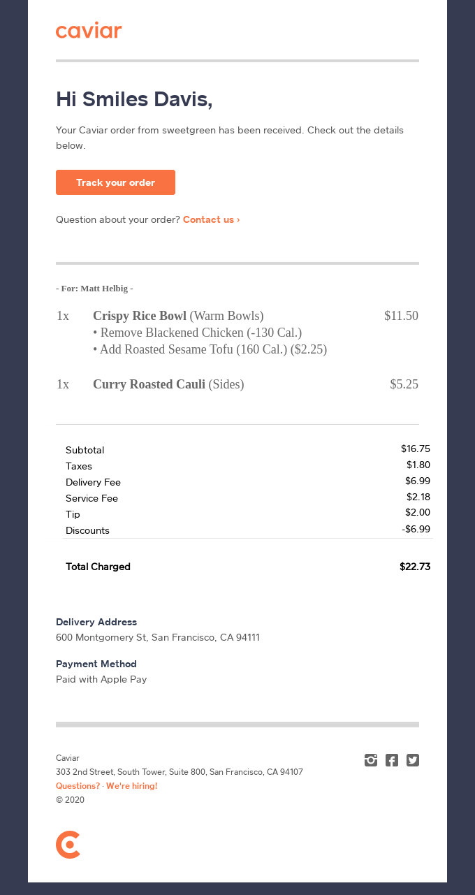 Your Caviar order from sweetgreen