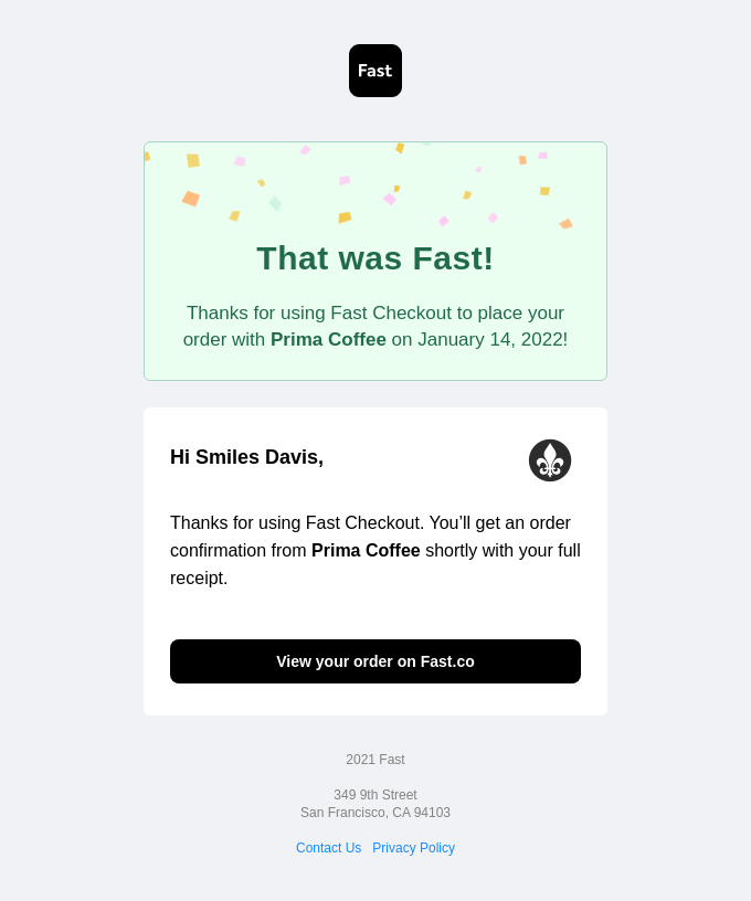 🚀  Your Fast order from Prima Coffee has been placed