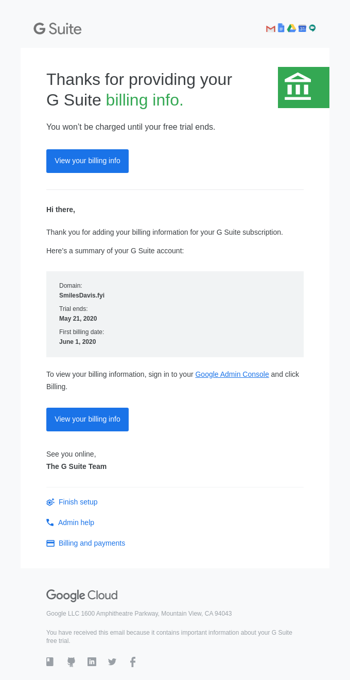 Your G Suite billing information was received