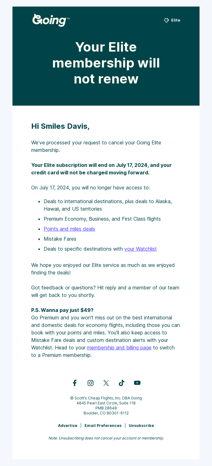 Your Going renewal has been canceled