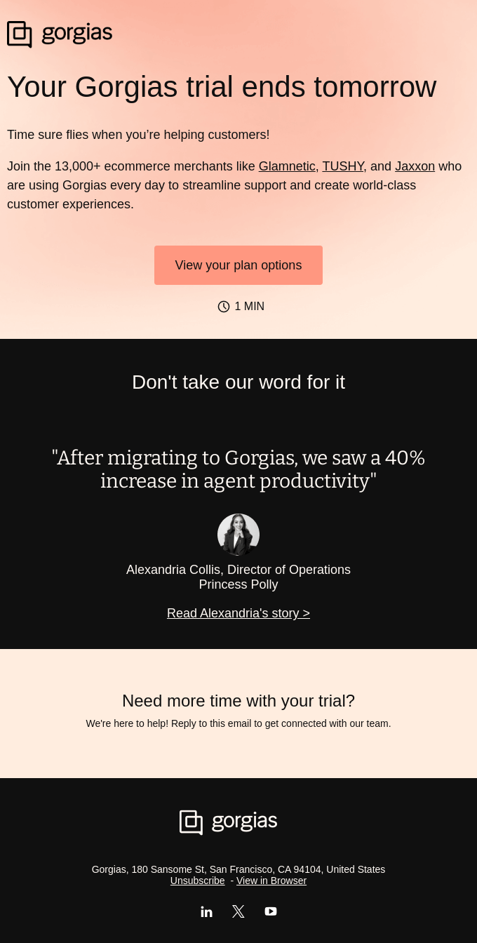 ⌛️ Your Gorgias trial ends tomorrow