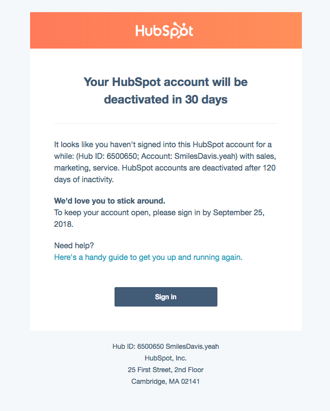 Your HubSpot account will be deactivated in 30 days