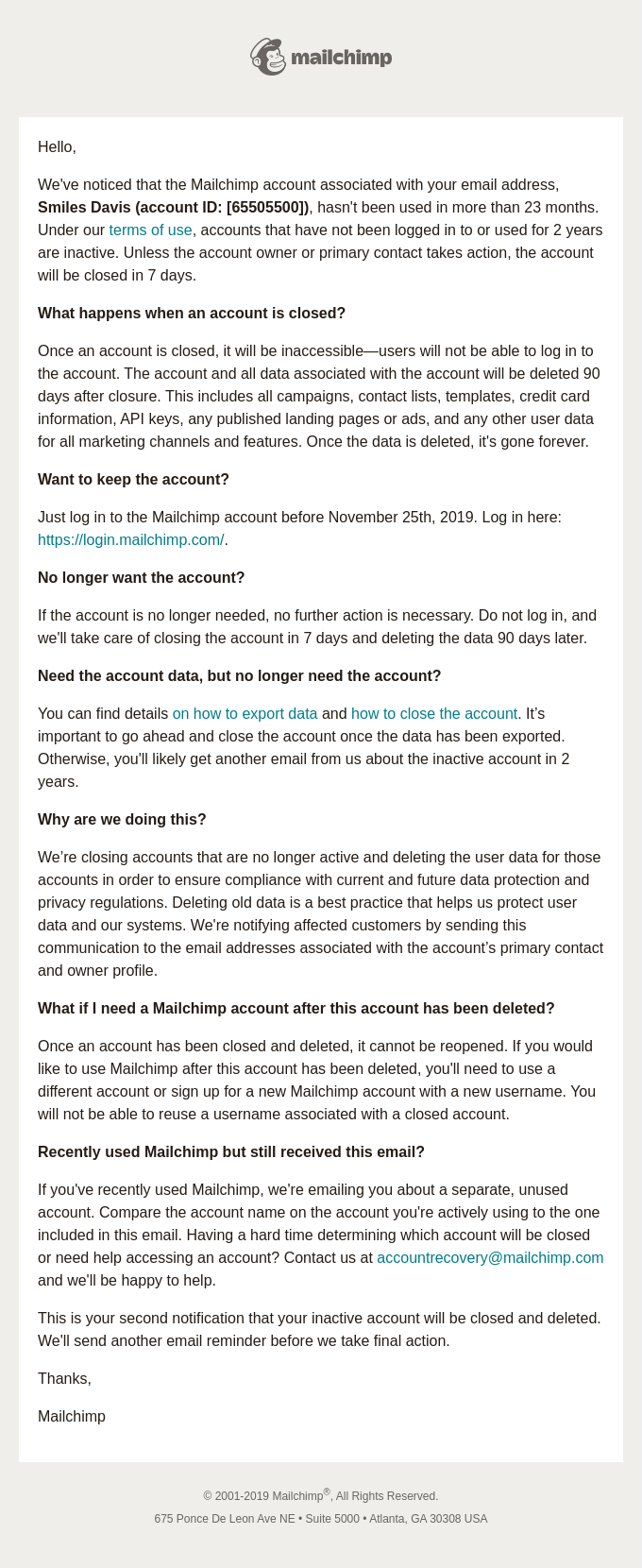 Your Inactive Mailchimp Account is Closing