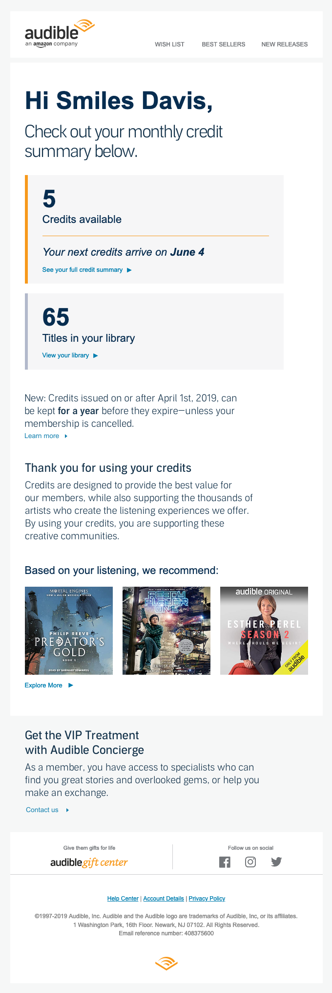 Your monthly Audible credit summary from Audible - Desktop Email View