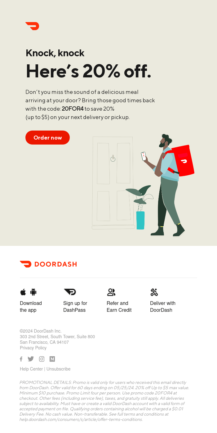 Your next meal should be 20 off from DoorDash Desktop Email View