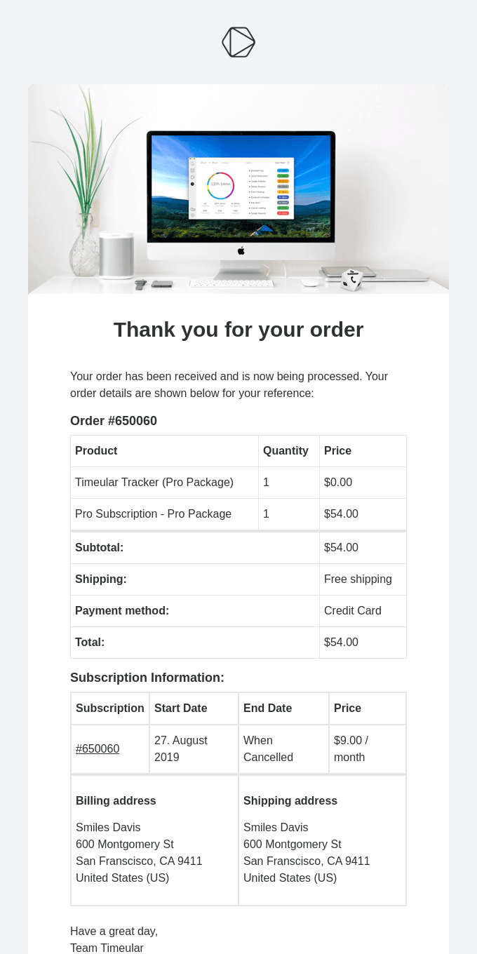 Your order receipt from 27. August 2019