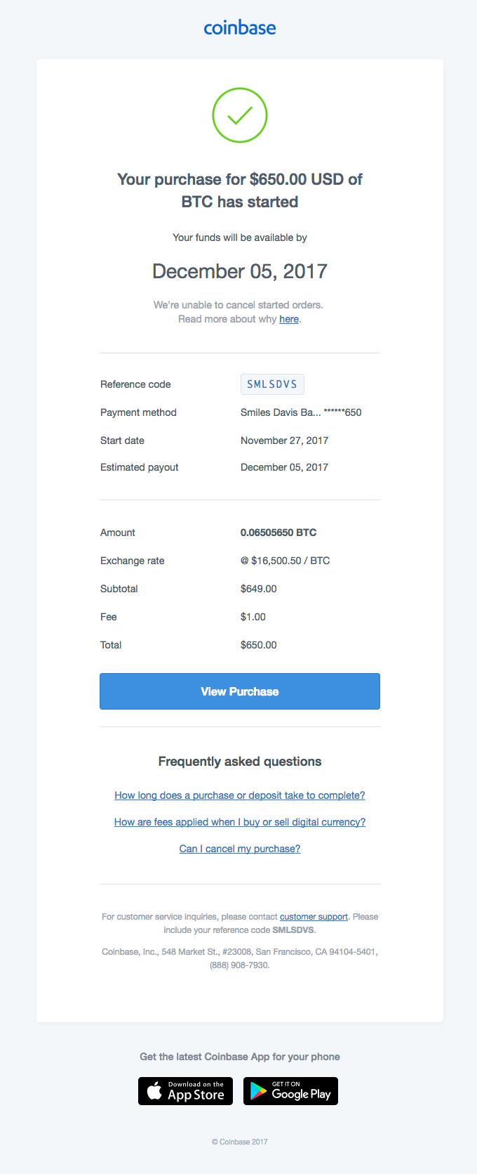 Your purchase for $650.00 USD of BTC has started