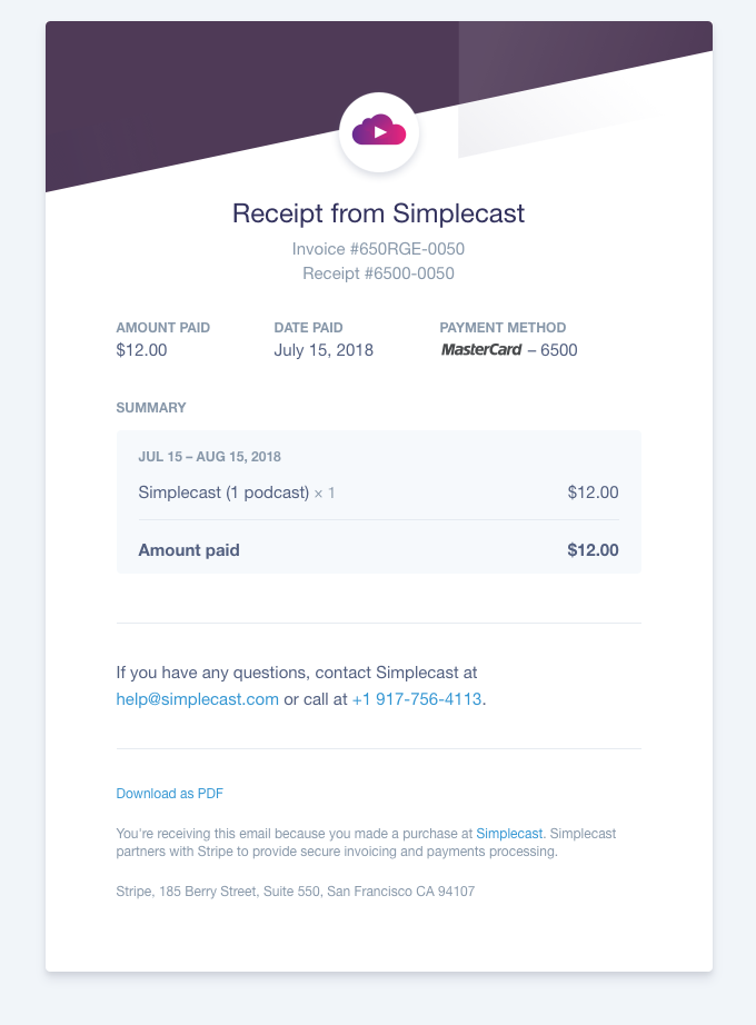 Your receipt from Simplecast #6500-0050