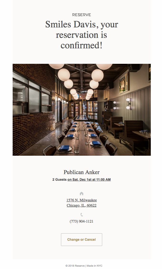 Your reservation at Publican Anker is confirmed for Saturday, December 1 at 11:00AM