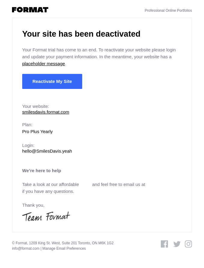 Your Site Is Inactive from Format - Desktop Email View | Really Good Emails