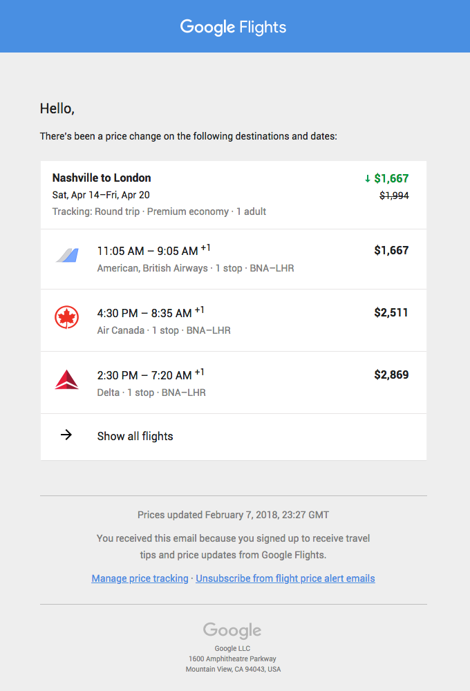 Your tracked flight to London is now $1,667 (was $1,994)