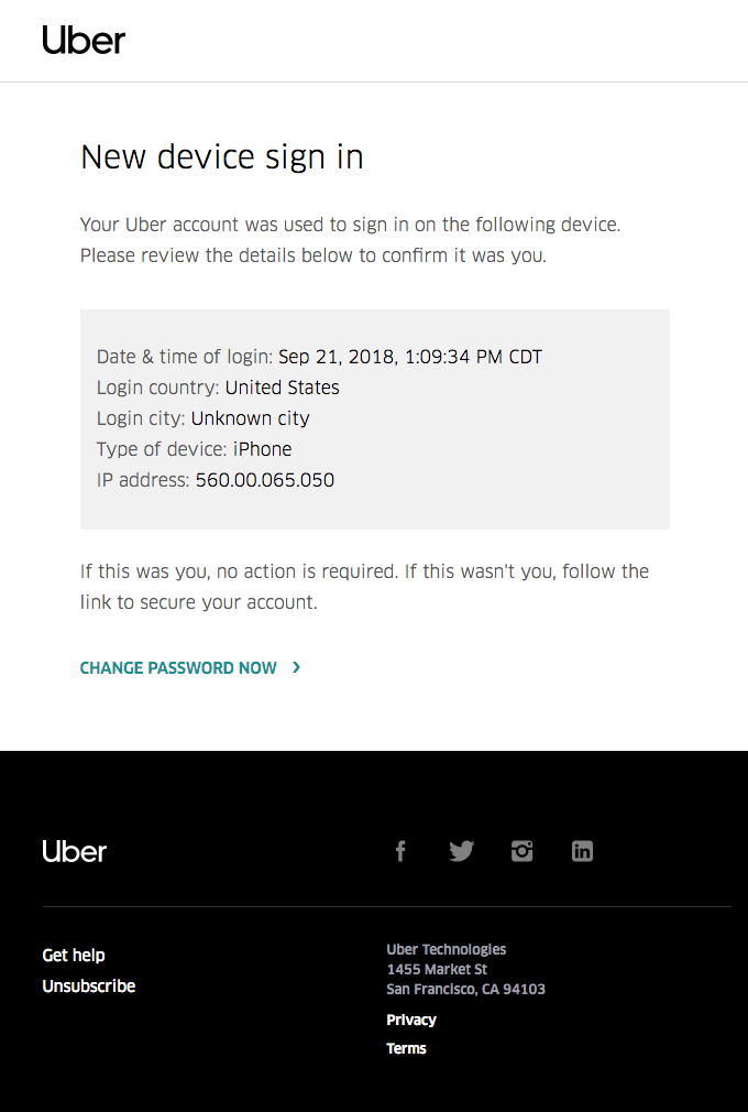 Your Uber account was used on a new device