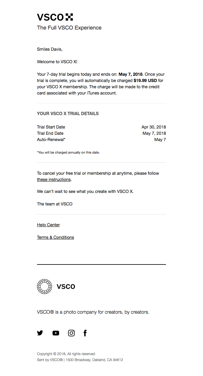 Your VSCO X Trial Receipt Desktop View Really Good Emails